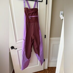 Color-Block Bib Jumpsuit in Burgundy and Lavender